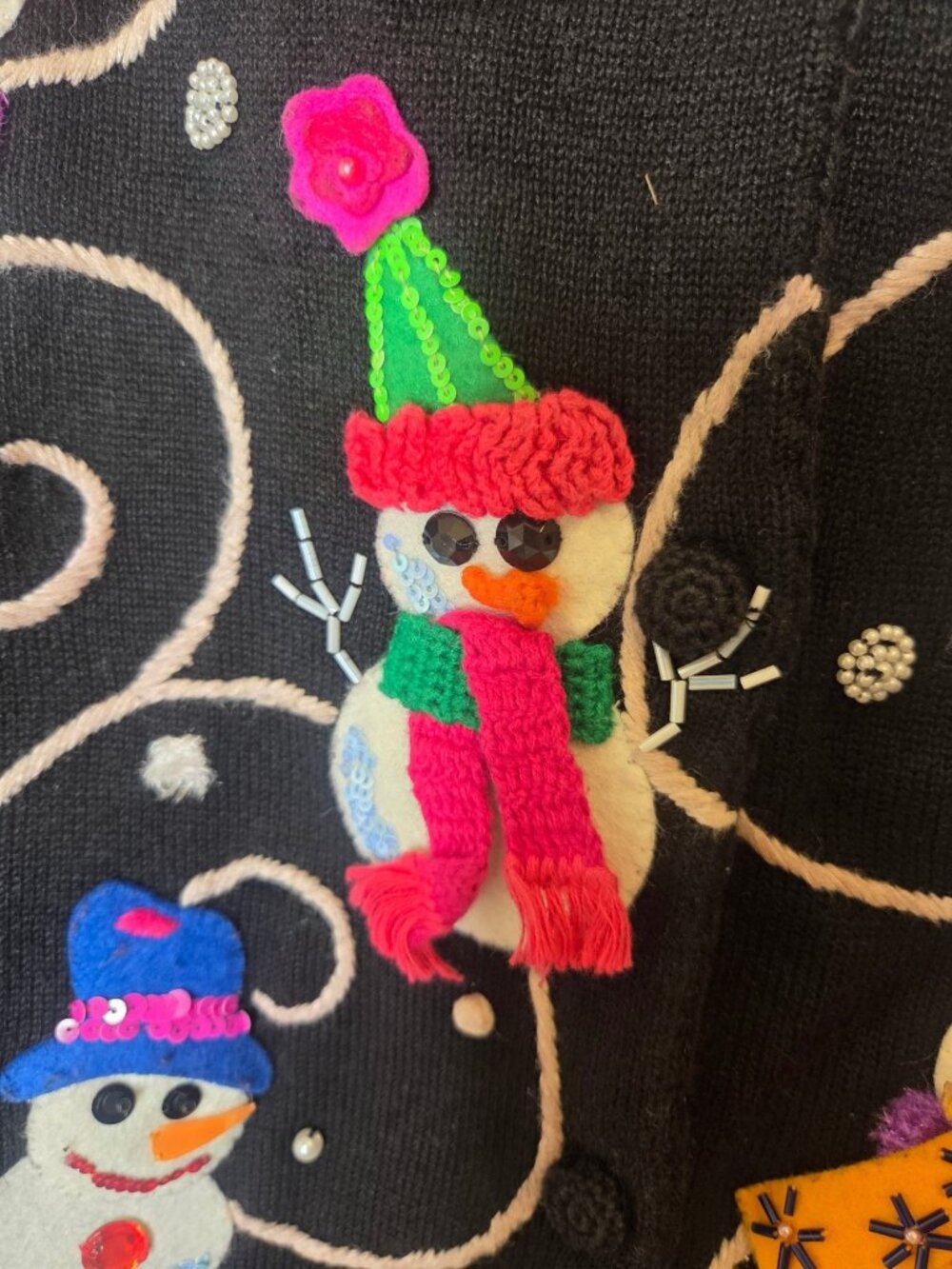 VTG Michael Simon Womens XL Black Embellished Snowman Cardigan Sweater Holiday - Picture 3 of 8